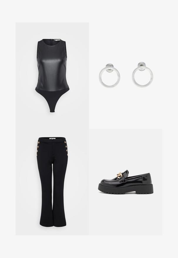 Čierny bezrukávový body vyrobený z lesklého materiálu, s vysokým golierom, plným chrbtom a dizajnom nohavičiek pre štíhly siluetu.; Čierne rozšírené nohavice vyrobené z hladkej tkaniny, s akcentmi zlatých gombíkov pozdĺž pásu pre detail a priliehavým strihom.; Čierne lakované kožené mokasíny s masívnou čiernou podošvou a zlatými detailmi. Hladká textura a design so zaoblenou špičkou.; Strieborné kovové náušnice vo forme kruhov s brúsenou textúrou, so zaobleným dizajnom a priehľadným zarážkou pre bezpečné nosenie.