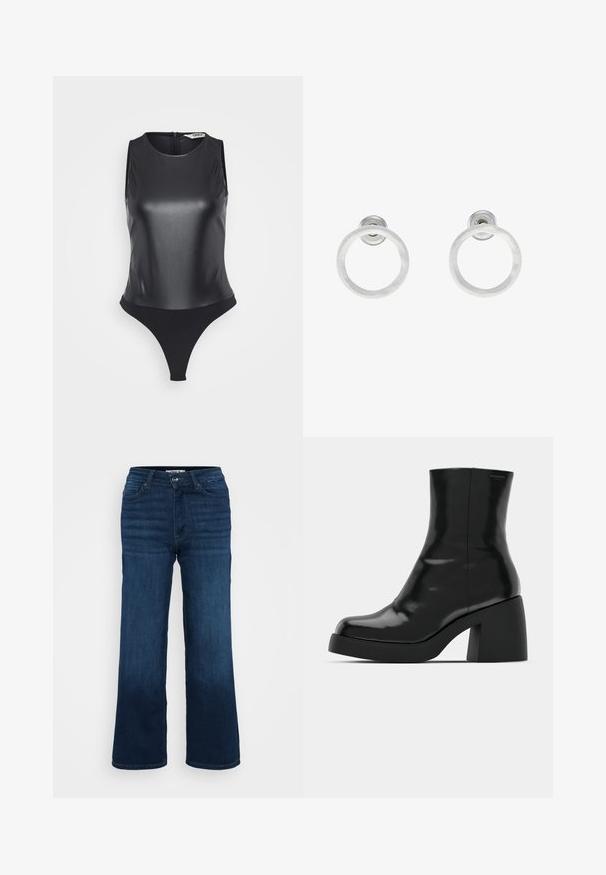 Melns bez piedurknēm bodijs, kas izgatavots no spīdīga materiāla, ar augstu apkakli, pilnas aizmugures un stingras apakšdaļas dizainu, kas nodrošina elegantu siluetu.; ONLY Petite ONLMADISON BLUSH WIDE - Džinsi ar platām starām - dark blue denim; Melnas potītes zābaku ar spīdīgu apdari, kvadrātveida pirkstu un biezu bloku papēdi. Dizainā ir bezšuvju siluets un minimāla zīmola identitāte.; Sudraba metāla gredzenveida auskari ar matētu faktūru, ar apaļu dizainu un caurspīdīgu aizdari, lai nodrošinātu drošu valkāšanu.