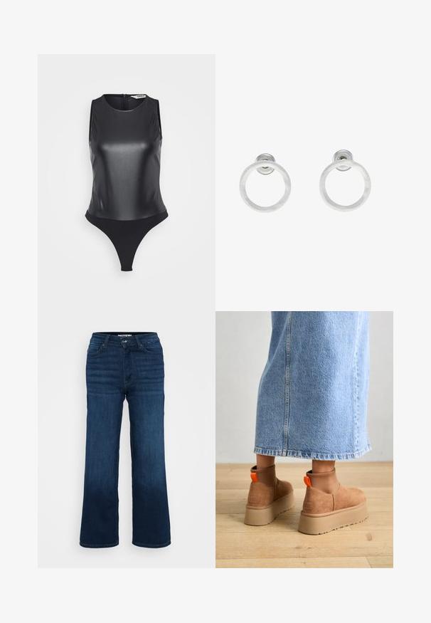Melns bez piedurknēm bodijs, kas izgatavots no spīdīga materiāla, ar augstu apkakli, pilnas aizmugures un stingras apakšdaļas dizainu, kas nodrošina elegantu siluetu.; ONLY Petite ONLMADISON BLUSH WIDE - Džinsi ar platām starām - dark blue denim; Brūni zamšādas platforma zābaki ar elastīgiem sānu paneļiem un oranžām cilpām, apvienoti ar līdz ceļgaliem garu gaišā denima svārku uz koka grīdas.; Sudraba metāla gredzenveida auskari ar matētu faktūru, ar apaļu dizainu un caurspīdīgu aizdari, lai nodrošinātu drošu valkāšanu.