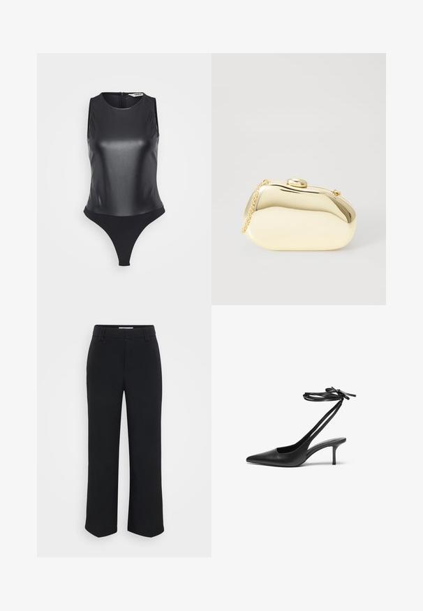 Čierny bezrukávový body vyrobený z lesklého materiálu, s vysokým golierom, plným chrbtom a dizajnom nohavičiek pre štíhly siluetu.; Čierne široké nohavice s hladkou textúrou, s plochým pásom a bočnými vreckami, navrhnuté v minimalistickom štýle.; Čierne kožené stiletto topánky s špicatou špičkou, otvorenou zadnou časťou a remienkami na členku viazanými do mašle. Úzky 3-palcový opätok. Hladká textura, minimalistický dizajn.; Kovová zlatá kabelka s hladkým, zaobleným tvarom, ktorá má horné zapínanie na gombík a malý reťazový popruh na nosenie.; Prsteň v zlatej farbe s organickým, skrúteným dizajnom, hladkým povrchom a zužujúcimi sa koncami, vytvárajúci moderný, sochársky vzhľad.