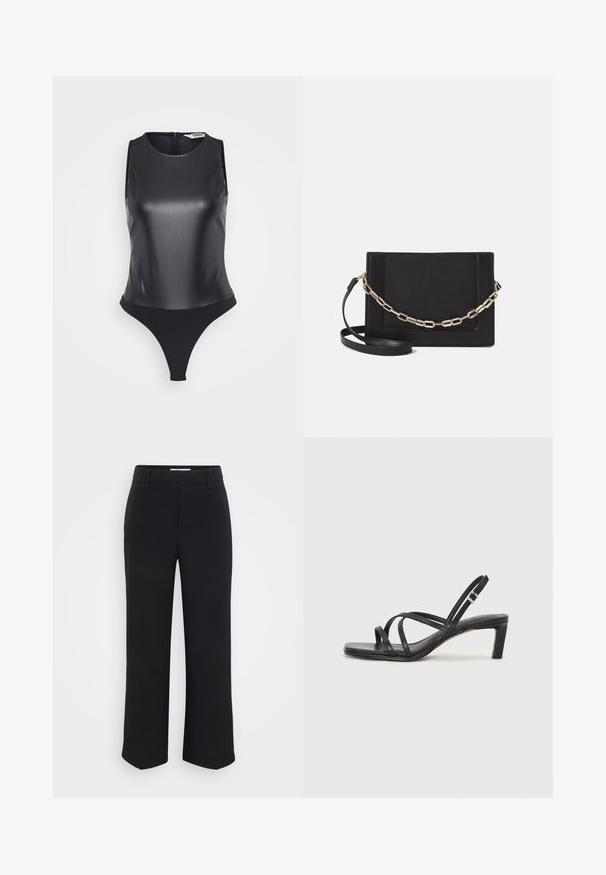 Svart ermeløs bodysuit laget av glanset materiale, med høy hals, full rygg og tanga-bunn for en stram silhuett.; Sorte vide bukser med en glat tekstur, der har en flad talje og sidelommer, designet med en minimalistisk æstetik.; Sorte sandaler med stropper, firkantet tå og lav blokk hæl. Har flere tynne stropper og en justerbar ankelstropp. Laget av glatt lær.; Svart lær crossbody-veske med glatt tekstur, rektangulær form og metallkjede detaljer på framsiden. Justerbar stroppe inkludert.