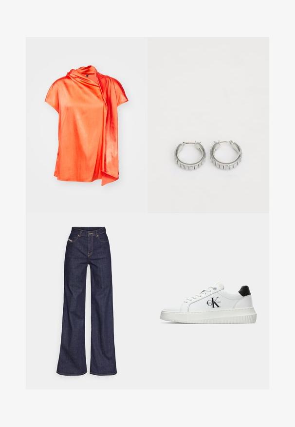 Marc Cain Blouse - bright tomato; Donkerblauwe wijde jeans van denimstof met een hoge taille, voorzien van oranje stiksels, een vijf-pocket ontwerp en een knoopsluiting.; Witte lage sneaker met zwarte hiel tab, plateauzool, veters en Calvin Klein "CK" logo aan de zijkant.; Zilveren hoepel oorbellen met een textuurontwerp dat verticale ribbels heeft. Cirkelvormig met een veilige sluiting. Gladde afwerking.