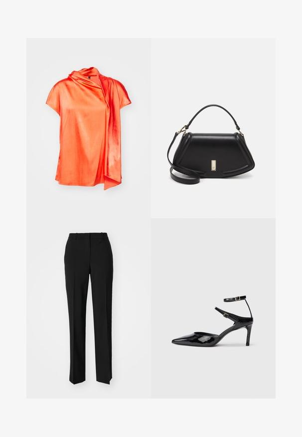 Marc Cain Bluse - bright tomato; Schwarze, taillierte Hose mit geradem Bein, aus einem glatten Stoff und mit klaren Falten an der Vorderseite. Keine sichtbare Hardware.; Schwarze Lacklederabsätze mit spitzer Zehenpartie, verstellbaren Knöchelriemen und einem schlanken Absatz. Glatte Textur mit glänzender Oberfläche.; Schwarze Lederhandtasche mit einem strukturierten Design, das eine verkürzte Form, einen oberen Griff und goldfarbene Hardware-Details aufweist. Verstellbarer Schulterriemen ist enthalten.