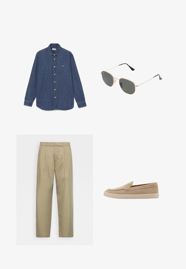 Džínová košile, tmavě modrá, s dlouhými rukávy, špičatým límcem a knoflíkovým zapínáním, s malým zeleným krokodýlím logem. Spodní lem je mírně zakřivený.; Košile s dlouhým rukávem z bílé bavlny, kulatý výstřih a černý akcent na límci. Hladká textura, rovný lem, bez vzorů a ozdob.; Beige kalhoty s vysokým pasem a rovnýmlíčkem, s plochým předním dílem, bočními kapsami a hladkým, strukturovaným materiálem.; Béžová semišová nazouvací bota s kulatou špičkou a prošívanými detaily. Světle barevná gumová podrážka s nízkým profilem.; Sluneční brýle s kovovým zlatým rámem a tmavě zelenými skly, styl aviatorek, s úzkými obroučkami a želvovinovými akcenty na špičkách.