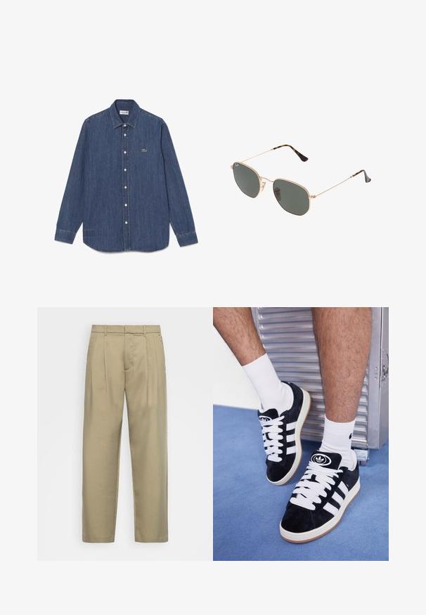 Camisa de denim, azul oscura, de mangas largas, con cuello puntiagudo, botón en la parte delantera, que presenta un pequeño logo de cocodrilo verde. El dobladillo es ligeramente curvado.; Camisa de manga larga de algodón blanco, con escote redondo y detalles en negro en el cuello. Textura suave, dobladillo recto, sin patrones ni adornos.; Pantalones beige de cintura alta con corte recto, con frente plano, bolsillos laterales y una tela suave y texturizada.; Zapatillas de ante negras con cordones blancos y tres rayas blancas. Presentan un logotipo circular negro en la lengüeta y una suela de goma color caramel.; Gafas de sol de metal dorado con lentes verde oscuro, estilo aviador, con patillas delgadas y acentos de carey en los extremos.