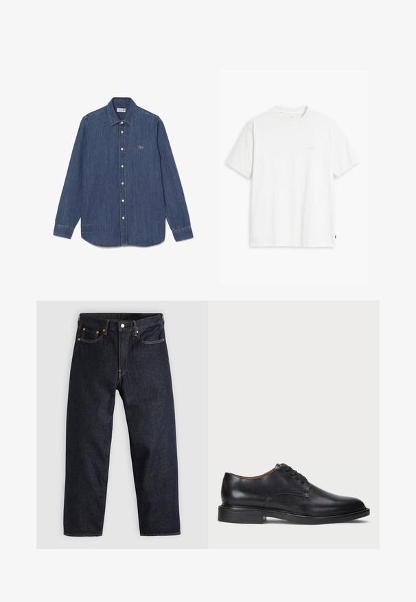 Denim shirt, dark blue, long sleeves, pointed collar, button-down front, featuring a small green crocodile logo. Hem is slightly curved.; White cotton t-shirt with short sleeves, round neckline, and a subtle "Levi's" logo printed in light color on the front.; Dark blue denim jeans with a straight cut, five pockets, contrasting orange stitching, and a button fly. No visible patterns or embellishments.; Black leather dress shoe with a round toe, lace-up design, and a low stacked heel. Smooth texture with minimal stitching details.