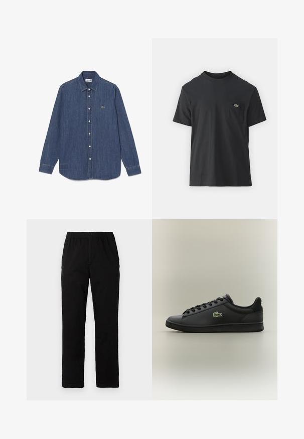 Denimskjorte, mørkeblå, lange ermer, spiss krage, knappefront, med en liten grønn krokodille-logo. Kantene er litt buede.; Svart bomull t-skjorte med korte ermer, rund hals og en liten grønn logo på venstre brystlomme. Enkelt design, normal passform.; Sorte bukser laget av bomullsblandet stoff, med rett snitt, elastisk midjebånd med knapp, og uten synlige mønstre eller detaljer.; Sorte lavoyer skinnesko med svarte snørebånd og en grønn krokodillelogo på siden, plassert mot en enkel nøytral bakgrunn.