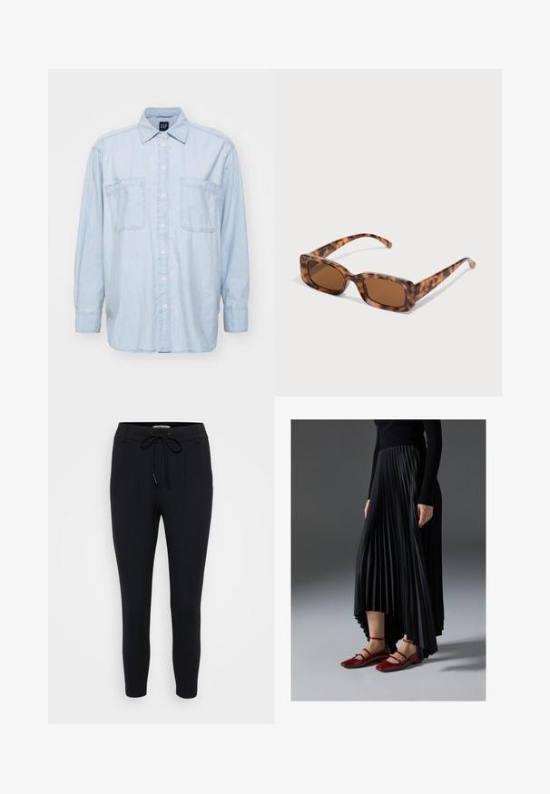 Vaaleansininen farkkupaita napituksella edessä, kahdella rintataskulla ja pitkillä hihoilla. Ominaisuuksiin kuuluu klassinen kaulus ja pehmeä kankaan rakenne.; Mustat kapenevat housut, jotka on valmistettu joustavasta kankaasta. Niissä on nyörikiinnitysvyötärö, kaksi etupleittiä ja sileä pinta.; Musta pleatattu hame, jossa on korkea-matala helma, yhdistettynä kiiltäviin punaisiin ballerinoihin, joissa on nauhasuunnittelu. Kangas on sileä.; Aurinkoaurinkolasit kilpikonnakuosisilla, suorakulmaisilla ruskeilla linsseillä, paksulla kehysrakenteella ja ohuilla varsilla, joissa on vaihtelevaa ruskean sävyä.