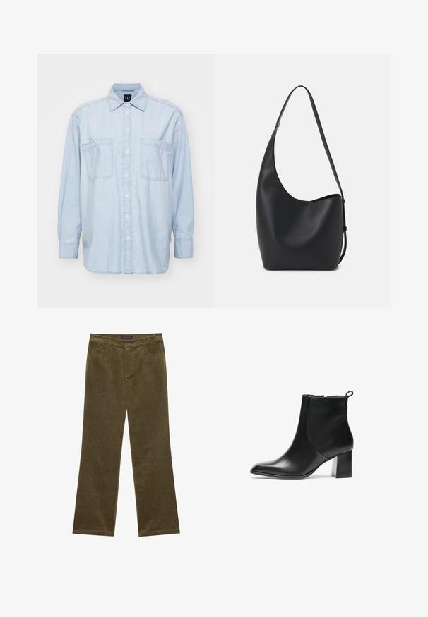 Light blue denim shirt with a button-up front, two chest pockets, and long sleeves. Features a classic collar and soft fabric texture.; Olive green corduroy flared trousers with five pockets, visible stitching, and a button closure at the waist for secure fit.; Black leather ankle boot with a rounded toe, a mid-height block heel, and a pull tab at the back. Smooth texture, minimal design.; Black leather hobo bag with a smooth texture, curved shape, and single adjustable strap; features a wide opening at the top.