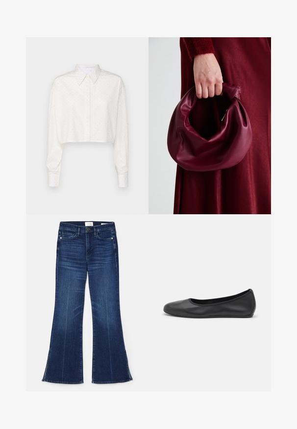 Trumpas baltos spalvos marškiniai su ilgomis rankovėmis, mygtukų apykakle ir mažais taškeliais. Pagaminti iš lygios medžiagos, turintys laisvą siluetą.; Tamsiai mėlynos flare tipo džinsai, pagaminti iš džinsinio audinio. Su aukštu liemeniu, priekinėmis kišenėmis ir skeltukais hem'e. Klasikinis penkių kišenėlių dizainas.; Juodai odiniai baletai su apvaliu pirštu, lygi texture, minimalus siuvimo detales ir lanksčiu padų dizainu.; Bordo odinė rankinė su minkštu, susiraukšlėjusiu dizainu ir apvalia forma. Rankena yra tvirtai pritvirtinta, atskleidžianti lygią tekstūrą.