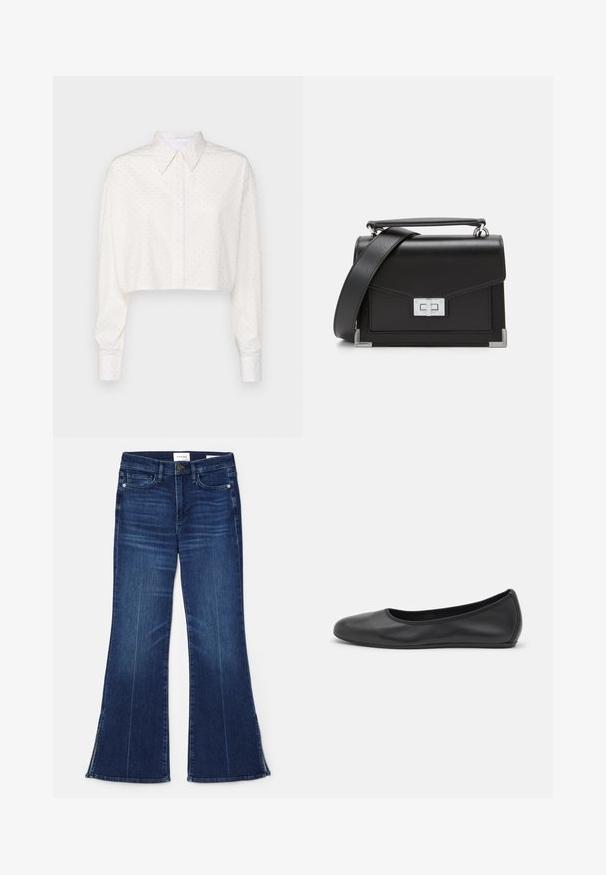 Cropped white shirt with long sleeves, buttoned collar, and small dot pattern. Made of smooth fabric, featuring a relaxed fit.; Dark blue flared jeans made from denim. Features a high waist, front pockets, and slit details at the hem. Classic five-pocket design.; Black leather ballet flat with a rounded toe, smooth texture, minimal stitching detail, and a flexible sole design.; Black leather handbag with silver hardware, structured design, magnetic clasp, and a detachable shoulder strap. Textured accents on corners.