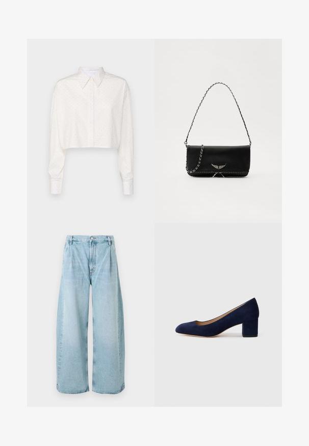 Camicia bianca tagliata con maniche lunghe, colletto abbottonato e motivo a piccoli pois. Realizzata in tessuto morbido, presenta una vestibilità rilassata.; Pantaloni in denim blu chiaro a gamba larga con pince davanti, chiusura con bottone e orli dritti, caratterizzati da una texture sbiadita.; Pump in suede blu Navy con punta affusolata e tacco blocco di media altezza. Texture liscia con una leggera lucentezza e un piccolo taglio sul davanti.; Borsa a mano in pelle nera con una tracolla in catena argento, caratterizzata da decorazioni a forma di ali e cuciture bianche lungo la cucitura inferiore.