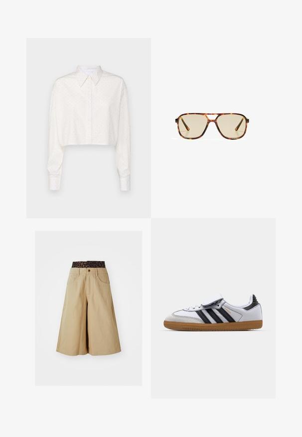 Lyhyet valkoiset hihat, napitettavassa kauluksessa ja pienessä pistekuviossa. Valmistettu sileästä kankaasta ja siinä on rento istuvuus.; Khaki shorts dengan desain kaki lebar dan pinggang bermotif leopard. Memiliki saku depan dan penutupan kancing. Kain yang halus dan berbentuk tekstur.; Valkoiset nahkakengät mustilla raidoilla ja harmailla yksityiskohdilla, joissa on pyöreä kärki ja kumipohja. Tarranauha ja nauhakiristys.; Ruskikuvioiset aurinkolasit, joissa on suuret suorakulmaiset linssit ja ohut kehys. Varustettu sillalla lisää mukavuutta ja tyyliä varten.; Valkoinen käsilaukku, jossa on sileä, kiiltävä pinta, kaareva muoto ja yksi säädettävä olkahihna. Edessä on logo painettuna.