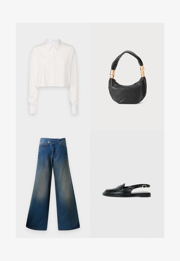 Kurtā balta kreklu ar garām piedurknēm, pogājamu apkakli un mazu punktiņu rakstu. Izgatavots no gludas auduma, ar brīvu piegriezumu.; Platas kājas zili džinsi, izgatavoti no denima, ar nedaudz izbalējušu apdari, redzamām šuvēm, divām priekšējām kabatām un pogu aizdari.; Melnas ādas slingu kājas ar noapaļotu purngalu, plakanu zoli, sānu izgriezumu un siksnu ar zelta toni detalizāciju.; Melnas ādas rokassoma ar apaļu formu, mīkstu tekstūru un mezgla rokturi, kas rotāts ar zelta tonētiem aksesuāriem. Ar rāvējslēdzēja aizdari.