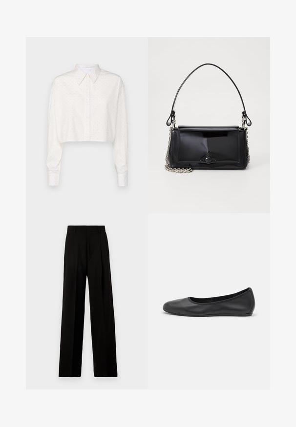 Cropped white shirt with long sleeves, buttoned collar, and small dot pattern. Made of smooth fabric, featuring a relaxed fit.; Black wide-leg trousers made of smooth fabric, featuring a high waist, front pleats, and a clean, tailored design without embellishments.; Black leather ballet flat with a rounded toe, smooth texture, minimal stitching detail, and a flexible sole design.; Black patent leather handbag with a rectangular shape, chain strap, and a distinctive hardware accent in the center. Smooth texture.