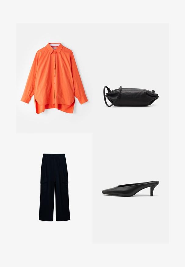 Narancssárga gombos ing, gallérral, hosszú ujjakkal és enyhén ívelt aljjal. Simább anyagból készült, laza szabással.; Széles lábú, magas derekú nadrág sötét tengerészkék anyagból. Jellemzője a pliszé és két oldalsó cargo zseb. Simább textúrájú, letisztult dizájnnal rendelkezik.; Fekete bőr, hegyes orrú mokaszin, alacsony stiletto sarokkal. Simább textúra, minimalista kialakítás, és nyitott hátul a könnyű felvétel érdekében.; Fekete bőrtáska, téglalap alakú, sima textúrájú, vékony vállpánttal és minimalista dizájnnal.