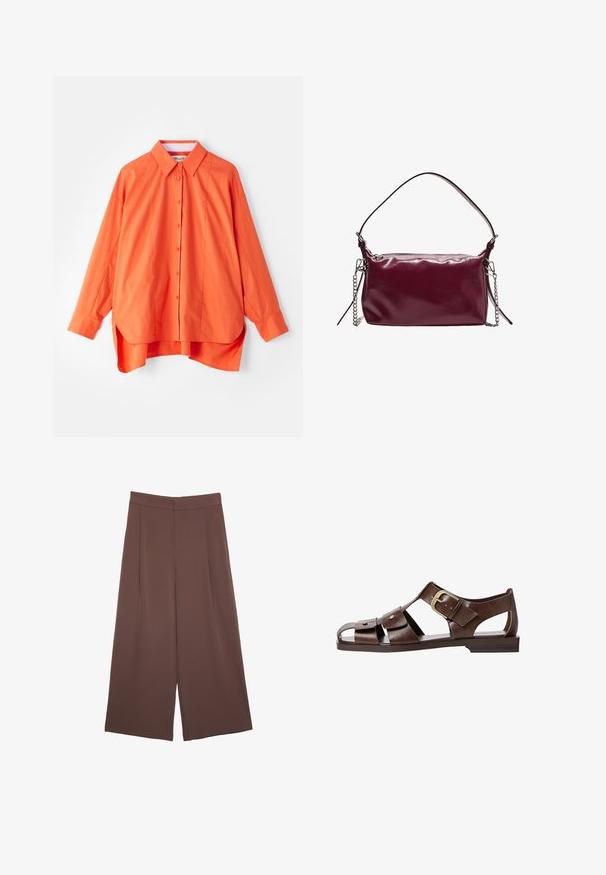 Camicia arancione con colletto, maniche lunghe e orlo leggermente curvo. Realizzata in un tessuto morbido con una vestibilità comoda.; Pantaloni ampi marroni con una texture liscia, caratterizzati da una vita alta e pieghe frontali. Il tessuto è leggero e scorre liberamente.; Sandal in pelle marrone con un design a intaglio, cinturino laterale regolabile e suola piatta, con dettagli metallici e punta aperta.; Borsa a tracolla in ecopelle bordeaux con finitura liscia, forma rettangolare, zip superiore e manico a catena rimovibile.