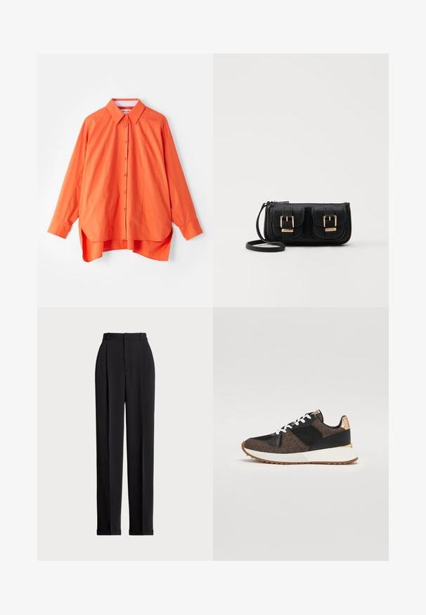 Narančasta košulja s dugim rukavima, ovratnikom i blago zakrivljenim rubom. Izrađena od glatkog materijala s opuštenim krojem.; Crne krojene hlače s visokim strukom, s naborima sprijeda, ravnim krojem i običnim rubom. Izrađene od glatkog materijala.; Atletske tenisice u smešnim i crnim tkaninama sa mrežastim detaljima, belim pertlama, zlatnim naglascima na peti i belim srednjim slojem s gumiranim potplatom.; Crna kožna torba preko ramena s dva prednja džepa, zlatnim kopčama, zatvaranjem na zip i uskim remenom. Teksturirana površina i kompaktan pravokutan oblik.