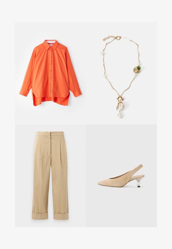 Oranžová košeľa s gombíkmi, golierom, dlhými rukávmi a mierne zaobleným spodným okrajom. Vyrobená z hladkej tkaniny s voľným strihom.; Béžové nohavice s širokými nohavicami, dvoma prednými plisovaním, zrolovanými manžetami a hladkým povrchom. Vyrobené z ľahkej tkaniny, ponúkajú uvoľnený strih.; Béžová semišová slingback obuv s špicatou špičkou a priehľadným, zaobleným podpätkom. Hladká textúra a minimalistický dizajn.; Zlatý náhrdelník s prepletenými článkami, bielymi perlami a akcentom z zelenej kamene. Obsahuje zložitú detailnú prácu a zapínanie na zámok.