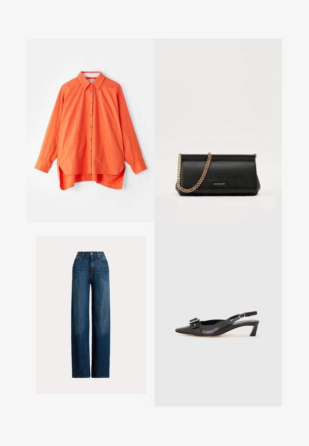 Orange button-up shirt with a collar, long sleeves, and a slightly curved hem. Made of a smooth fabric with a relaxed fit.; Wide-leg denim jeans in dark blue. Features a high waist, button closure, and classic five-pocket design. Smooth texture with subtle fading.; Black leather slingback shoe with pointed toe, small heel, and decorative buckle detail on the upper. Smooth texture, minimalistic design.; Black leather clutch bag with a gold chain strap, featuring a smooth texture, rectangular shape, and embossed branding on the front.