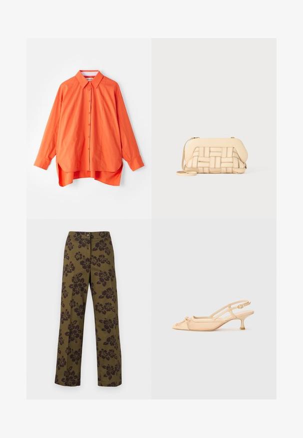 Oranje overhemd met knopen, met een kraag, lange mouwen en een licht gebogen zoom. Gemaakt van een soepele stof met een relaxte pasvorm.; Olijfgroene wijde pantalons van katoen, met een donker bloemenpatroon, een knoopsluiting en een recht gesneden zoom.; Stuart Weitzman KITTY - Klassieke pumps - beige/barely beige; Geweven beige handtas met een gestructureerd ontwerp, voorzien van een gladde bovenkant en een lange schouderband. Textuurdetails verbeteren het algehele uiterlijk.