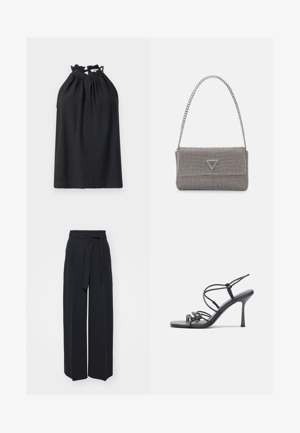 Svart halterneck-topp i texturerad tyg. Har en rynkad halslinning med justerbara band. Enkelt design med avslappnad passform. Enfärgad.; Breda svarta byxor i mjukt material. Har ett bälte i midjan och framfällor. Slät struktur med en ren, modern design.; Svarta högklackade sandaler har tunna remmar med en knuten design, en slät fyrkantig tå och en smal stilettklack.; Ljusgrå metallisk handväska med kedjestropp, prydd med små cirkulära metallnitar och en triangulär logotyp.; Silver hoopsörhängen med en slät, glänsande yta, med en böjd form och post-stängning. Minimalistisk design med en modern finish.