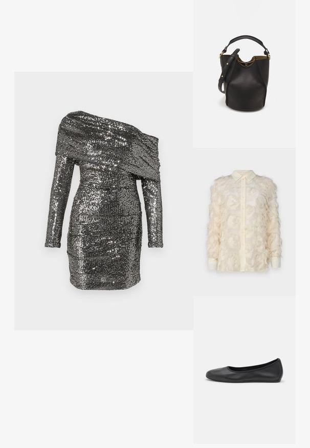 Marella DOUGLAS mleczny; Sukienka wyszywana cekinami, z dekoltem na jeden ramię, długimi rękawami i dopasowanym krojem. Wykonana z metalicznego materiału w odcieniach srebra.; Czarne skórzane baletki z zaokrąglonym noskiem, gładką fakturą, minimalnymi przeszyciami i elastycznym designem podeszwy.; Czarna skórzana torebka w kształcie wiadra o teksturowanym wykończeniu, z złotymi akcentami metalowymi i otwartą górą. Posiada krótką rączkę oraz regulowany pasek na ramię.