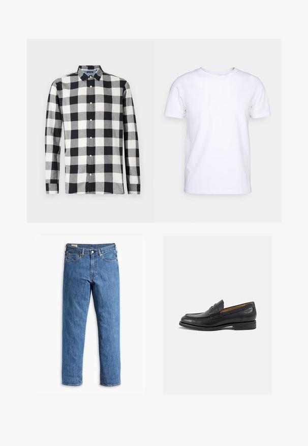 Pitkähihaisen paidan mustavalkoinen ruutukuosi, valmistettu sileästä kankaasta. Paidassa on nappisuljenta kaulus ja etunapit.; Valkoinen lyhythihainen t-paita puuvillakankaasta, jossa on pyöreä pääntie. Yksinkertainen muotoilu ilman kuvioita tai korostuksia. Tasainen rakenne.; Sininen denimpusero, jossa on suora lahje, kupariset niitit ja viitospussinen muotoilu. Sisältää ommellun helman ja klassisen vyötärön, jossa on vyölenkit.; Mustat nahkaloaferit, joissa on sileä pinta, pyöreä varvas ja koristeompeleet varpaansuojassa. Matala pinottu korko ja hieno kiilto.