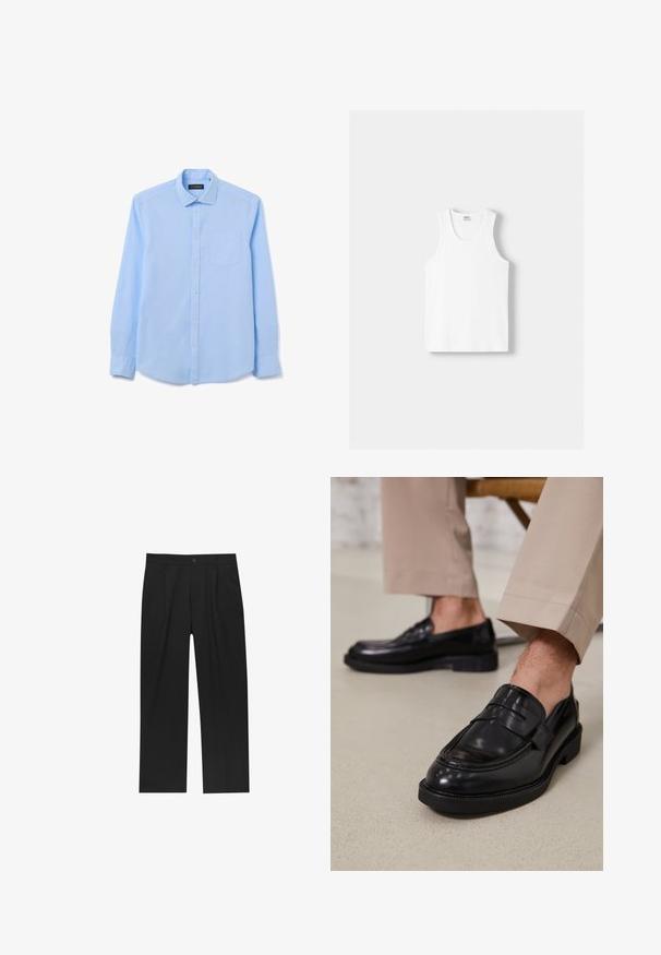 Lichtblauw overhemd met lange mouwen van gladde stof, voorzien van een kraag met knopen, knopen aan de voorkant en een borstzak aan de linkerkant.; Witte katoenen tanktop met een ronde halslijn, brede schouderbanden en een rechte zoom, met een gladde textuur en zonder zichtbare patronen.; Zwarte broeken met een recht model, gemaakt van een gladde stof. Voorzien van een voorplooien en een enkele knoopsluiting bij de taille.; Zwarte leren loafers met een gladde afwerking, voorzien van een decoratieve band en contrasterende stiksels, gecombineerd met beige broeken.
