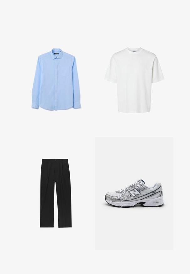 Camicia a maniche lunghe azzurro chiaro realizzata in tessuto morbido, con colletto button-down, bottoni frontali e taschino sul lato sinistro del petto.; T-shirt bianco in cotone con maniche corte, scollo rotondo e vestibilità rilassata. Texture liscia senza pattern o dettagli visibili.; Pantaloni neri con un design a gamba dritta, realizzati in un tessuto liscio. Presentano pieghe frontali e una chiusura a un bottone in vita.; Scarpa da ginnastica New Balance con tomaia in rete, prevalentemente bianca con accenti grigi e blu navy, caratterizzata da una soletta imbottita e dettagli testurizzati.