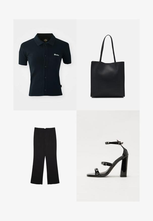Svart polo skjorta i ribbat tyg. Har korta ärmar, krage och en knappslå med en vit broderad logo på bröstet.; Svarta byxor med rak passform, utrustade med framfickor och sidoklyvningar vid fållen. Tillverkade av mjukt, slätt tyg. Lämpliga för olika tillfällen.; Svarta lackerade klacksandaler med fyrkantig tå, ankelremmar och silverfärgade spännen. Har en kraftig blockklack för stabilitet.; Svart lädertoffelväska med slät textur, rektangulär form och två långa handtag. Ingen synlig hårdvara eller dekorationer.