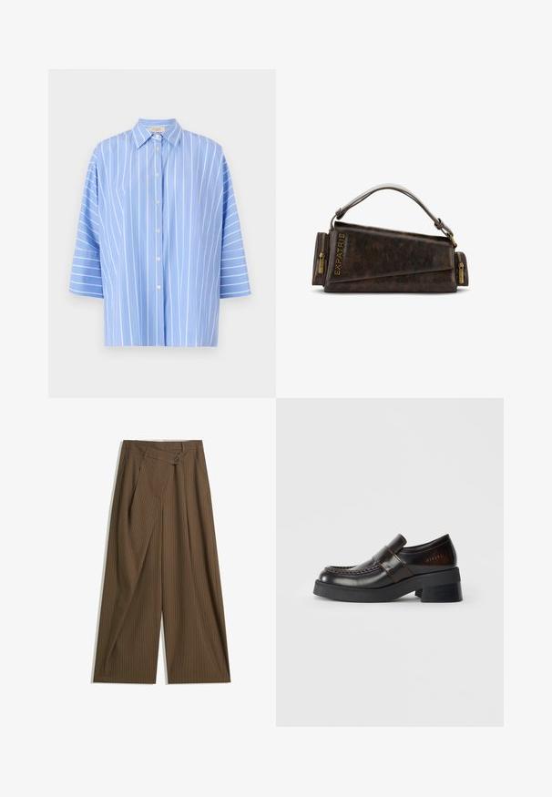 Világoskék csíkos ing rövid ujjakkal, hegyes gallérral, gombos előlappal és függőleges fehér csíkokkal. Sim.StartsWith \"\"dást10000006d h1sadigkf6ázés.; Barna, széles lábú nadrág vékony fehér csíkokkal, magas derékkal, elől gombos záródással és átkötős stílusú panellel.; Barna bőr loaferek, vastag fekete sarokkal, díszített varrással és egy szíjjal a felső részen, amely további részleteket ad.; Barna bőr kézitáska geometrikus mintával, felső fogantyúval és sárgaréz cipzár díszítéssel. A logó a táska oldalán van bedomborítva.; Arany színű Fossil óra texturált, krémszínű számlappal, vékony órák jelzőivel és koronával. Jellemzője a kerek tok, bordázott lünetta.