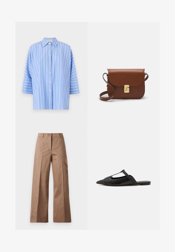 Lyseblå stribet skjorte med korte ærmer, har en spids krave, knaplukning foran og lodrette hvide striber. Glat stoftekstur.; Brune bredde bukser lavet af et glat stof, med en frontknaplukning, to frontlommer og rene, skræddersyede linjer.; Sort læderslyngeback sko med spids tå, der har en vævet detalje og en plisseret overdel. Flad sål med minimal hardware.; Brun læder håndtaske med flaplukning, hardware i gyldent tone, en skulderrem og en glat overflade. Kompakt rektangulær form.