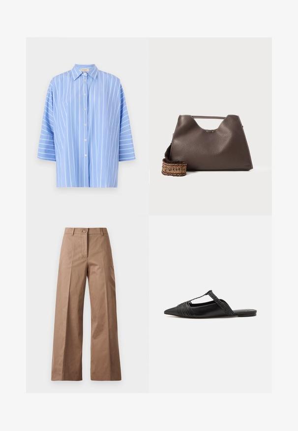 Camicia a righe blu chiaro con maniche corte, dotata di colletto a punta, chiusura a bottoni e righe bianche verticali. Tessuto dalla superficie liscia.; Pantaloni larghi marroni realizzati in un tessuto morbido, con chiusura frontale con bottone, due tasche anteriori e linee pulite e sartoriali.; Scarpa slingback in pelle nera con punta appuntita, con un dettaglio intrecciato e un design superiore plissettato. Suola piatta con hardware minimale.; Borsa a mano in pelle marrone con finitura texturizzata, design angolare e un manico superiore distintivo. Presenta un dettaglio a tracolla intrecciato con motivo.