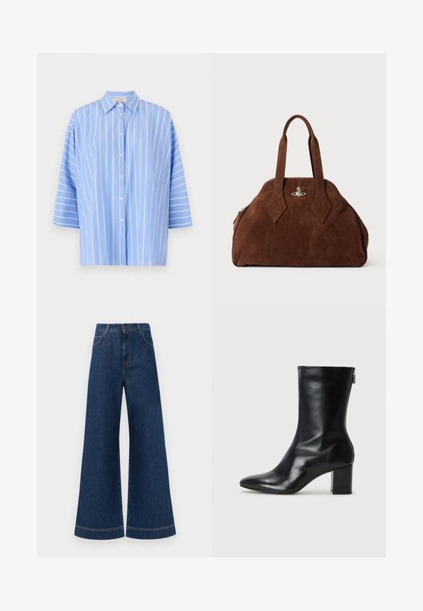 Cămașă bleu deschis cu dungi verticale, cu mâneci scurte, are un guler ascuțit, închidere cu nasturi și dungi albe verticale. Textură de țesătură netedă.; Jeans din denim albastru cu picioare largi și talie înaltă, având închidere cu buton, bucle pentru curea și detalii discrete de cusut pe buzunare și la tivuri.; Botină din piele neagră, cu vârf ascuțit și toc bloc de 4 cm. Design elegant, cu un fermoar lateral pentru o îmbrăcare ușoară. Textură netedă.; Geantă din suede maro, cu o formă structurată, un corp rotund și mânere lungi în formă de diamant. Dispune de o închidere din metal argintiu.