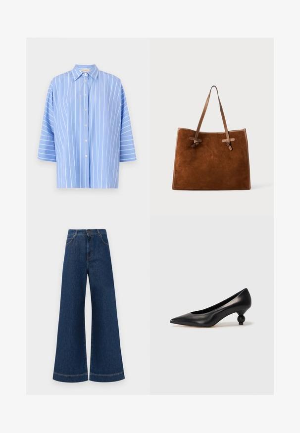 Heledad sinise triibuga särk lühikeste varrukatega, millel on terav krae, nööpidega esitamine ja vertikaalsed valged triibud. Sile kangast tekstuur.; Laia siniste denim pükste suur jalg, kõrge vöökoht, nupuga kinnitamine, vöökohad ja peened õmblusdetailid taskute ja äärte ääres.; Must musta kõrge kontsaga king, millel on terav nina ja ümar, pallikujuline konts. Sile pind ja elegantne, minimalistlik disain.; Pruun suede kott kahe nahkhaarakaga, lame kuju, õmblustega detailid ning sõlmeelement külgedel. Nähtavaid sulgureid pole.