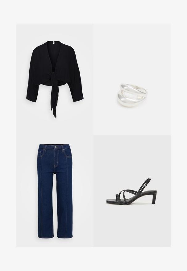 Melna saīsināta kardigāna jakas ar trīs ceturtdaļu piedurknēm, aploces dizainu un priekšējo mezglu detaļu. Izgatavota no viegla, tekstūrēta auduma.; Tumši zili taisni džinsi ar pogu aizdari, priekšējām un aizmugurējām kabatām, kā arī redzamām oranžām šuvēm.; Melnas strappy sandales ar kvadrātveida purngaliem un zemu bloku papēdi. Ievērojamas ar vairākiem plāniem siksniņām un regulējamu potītes siksniņu. Izgatavotas no gludas ādas.; Sudraba divu joslu gredzens ar gludu, pulētu virsmu. Iezīmējas ar plūstošu, izliekta dizaina struktūru ar pārklājošām sekcijām modernam izskatam.