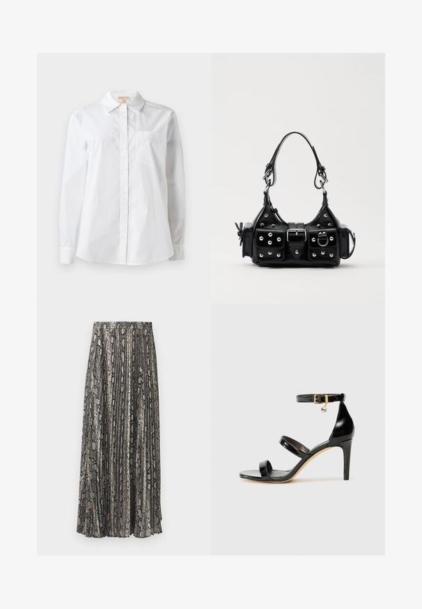 White long-sleeve shirt made of cotton. Features a classic collar, front button closure, and a single chest pocket. Smooth texture.; Pleated midi skirt in a snake print pattern, featuring shades of grey, black, and beige. Made of lightweight fabric with an elastic waistband.; Black patent leather sandal with three straps, ankle buckle, and 4-inch stiletto heel. Features gold hardware detail and logo charm.; Black leather handbag with a curved design, featuring silver studs, a buckle, and two side pockets. Adjustable strap for carrying options.