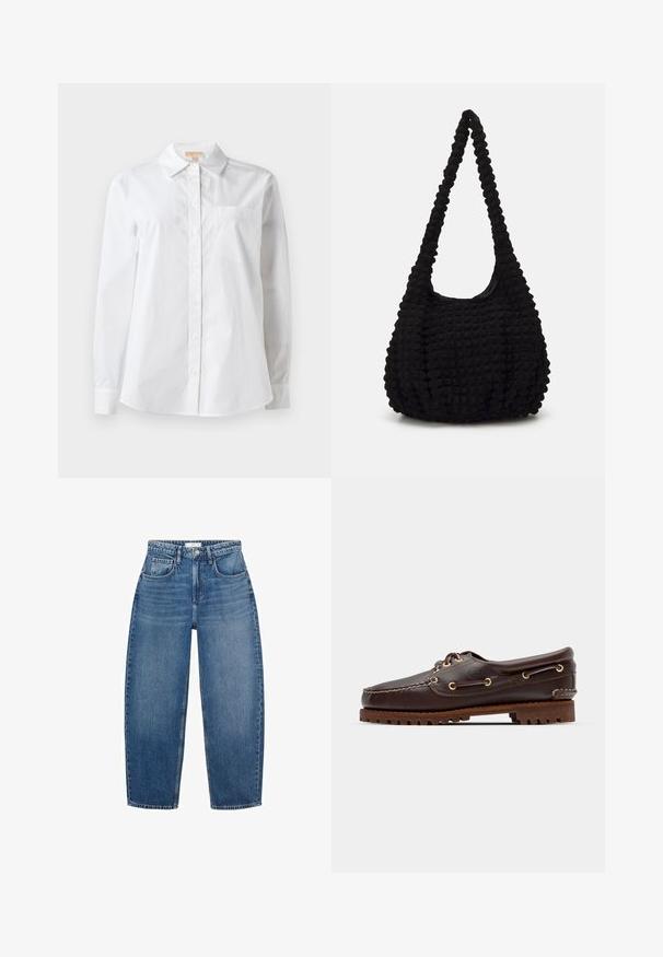 White long-sleeve shirt made of cotton. Features a classic collar, front button closure, and a single chest pocket. Smooth texture.; Navy long-sleeve polo shirt featuring white vertical stripes, a collared neckline, and a button-down front. Fitted silhouette with ribbed cuffs.; High-waisted blue denim jeans with a straight leg design, featuring five pockets, belt loops, and subtle fading for added texture.; Brown leather boat shoe with gold eyelets, round laces, and a textured brown rubber sole. Features stitched detailing and a raised logo.; Black textured fabric bag with a single twisted strap, featuring a puffy shape and gathered surface design.