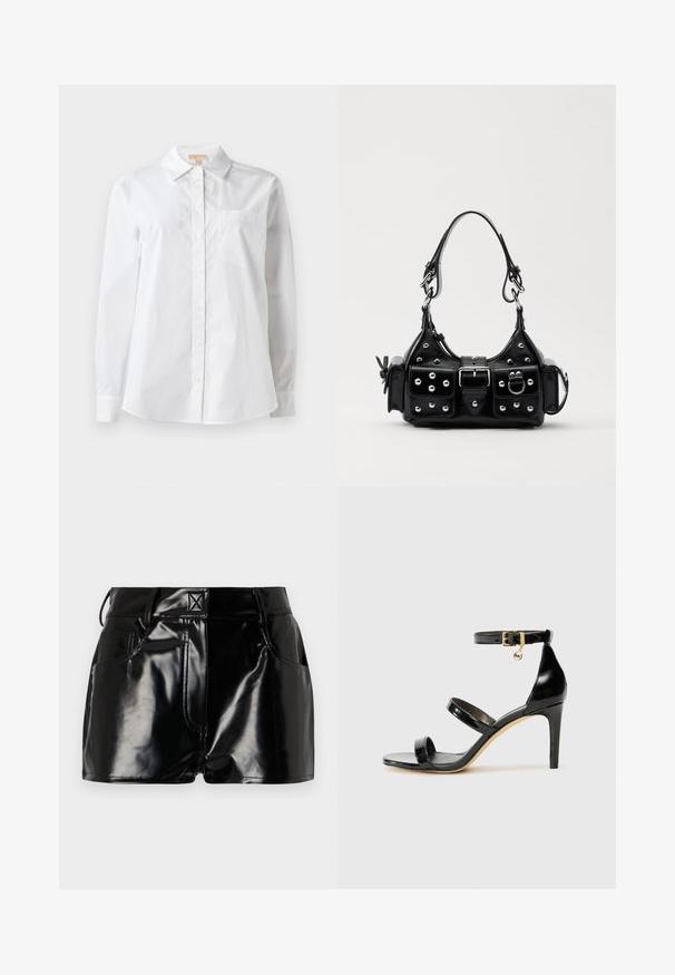 White long-sleeve shirt made of cotton. Features a classic collar, front button closure, and a single chest pocket. Smooth texture.; Black, glossy shorts made of synthetic material. Features a fitted waist, belt loops, and front pockets with prominent stitching details.; Black patent leather sandal with three straps, ankle buckle, and 4-inch stiletto heel. Features gold hardware detail and logo charm.; Black leather handbag with a curved design, featuring silver studs, a buckle, and two side pockets. Adjustable strap for carrying options.