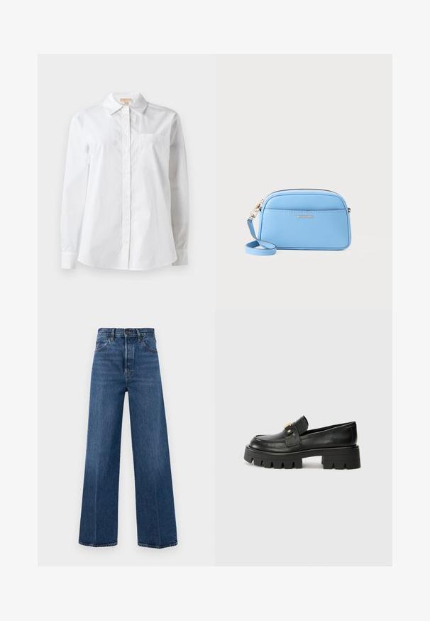 Camicia bianca a maniche lunghe in cotone. Presenta un colletto classico, chiusura con bottoni frontali e una tasca sul petto. Texture liscia.; Jeans blu a gamba larga in denim con vita alta, tasche frontali e cuciture a contrasto. Il tessuto ha una consistenza liscia.; Mocassini in pelle nera con suola spessa, caratterizzati da un accento dorato nella parte anteriore e una finitura liscia. Design della suola con profilo spesso.; Borsa a tracolla in pelle azzurro chiaro con dettagli in metallo oro, chiusura con zip e tasca frontale. Presenta un tracolla regolabile per maggiore comodità.