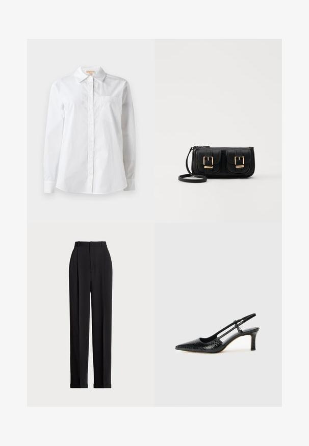White long-sleeve shirt made of cotton. Features a classic collar, front button closure, and a single chest pocket. Smooth texture.; Black tailored trousers with a high waist, featuring pleats at the front, a straight leg design, and a cuffed hem. Made from smooth fabric.; Black patent slingback heel with a pointed toe, featuring textured snake print, adjustable strap, and a short, textured block heel.; Black leather crossbody bag with two front pockets, gold buckles, zipper closure, and a slim strap. Textured surface and compact rectangular shape.