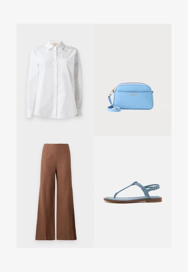 Weißes Langarmhemd aus Baumwolle. Verfügt über einen klassischen Kragen, eine Frontknopfleiste und eine einzelne Brusttasche. Glatte Textur.; Braune weit geschnittene Hosen aus einem strukturierten Stoff. Sie haben eine hohe Taille mit zwei vorderen Falten und geraden, fließenden Beinen.; Blaue Leder-Zehensandale mit flacher Sohle, die über ein schlankes Riemendesign und einen Schnallenverschluss am Knöchel für einen sicheren Sitz verfügt.; Hellblaues Leder-Crossbody-Bag mit goldfarbenen Beschlägen, Reißverschluss und einer Fronttasche. Verfügt über einen verstellbaren Riemen für zusätzlichen Komfort.