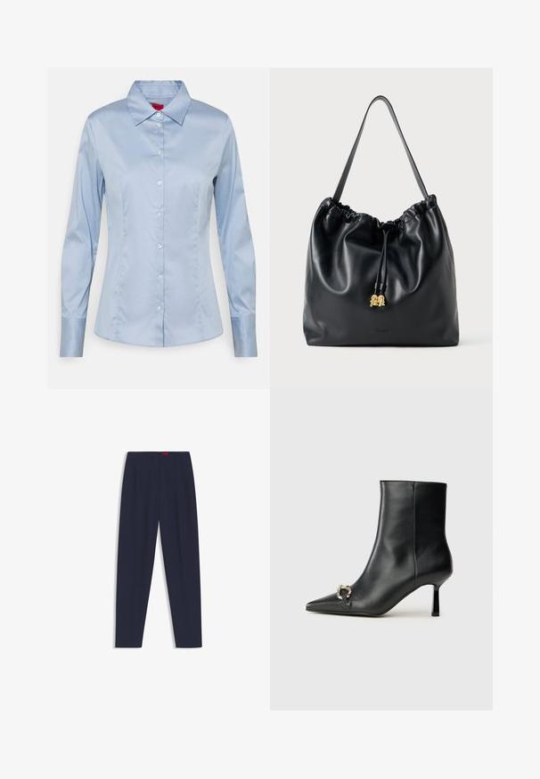 Jasnoniebieska koszula na guziki wykonana z gładkiej tkaniny, z klasycznym kołnierzykiem, długimi rękawami i prostym krojem z subtelnymi detalami szycia.; Granatowe, dopasowane spodnie o gładkiej fakturze, z przodu z plisami i bocznymi kieszeniami. Prosta nogawka i brak widocznych ozdób.; Czarny skórzany botek za kostkę z szpiczastym noskiem, smukłym średnim obcasem i srebrnym zapięciem po boku na jednolitym tle.; Czarna skórzana torba na sznurku o gładkiej fakturze, zebranym topie i subtelnym złotym wykończeniu. Posiada pojedynczy mocny pasek oraz wytłoczone logo.