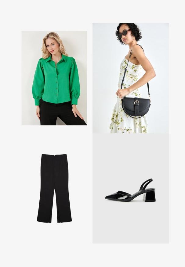 Zelená košeľa s gombíkmi a vypchatými rukávmi, vyrobená z hladkej látky. Obsahuje golier a podšité gombíky na prednej strane. Nosená s čiernymi nohavicami.; Čierne nohavice so strihom rovného strihu, s prednými vreckami a bočnými rozparkami na leme. Vyrobené z mäkkej, hladkej tkaniny. Vhodné na rôzne príležitosti.; Čierne lakované kožené sandálové podpätky s špicatou špičkou a geometrickým blokovým podpätkom. Disponujú elegantným, minimalistickým dizajnom a hladkým povrchom.; Čierna kožená kabelka s zaobleným tvarom, odnímateľným popruhom a zlatými doplnkami. Kabelka má klopu s detailom s prackou.