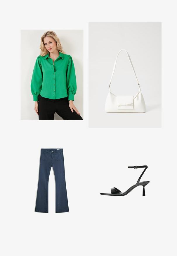 Cămașă verde cu mâneci bufante, realizată dintr-un material neted. Prezintă un guler și nasturi captușați în față. Purtați-o cu o pereche de pantaloni negri.; Jeans din denim de un albastru închis, cu o croială evazată, buzunare cusute, închidere cu nasture și o textură netedă. Are un design clasic cu cinci buzunare.; Bershka Sandale cu toc - black; Geantă sintetică albă, cu formă triangulară, capac frontal plat și detaliu cu fundă, curea ajustabilă, textură netedă și design minimalist.