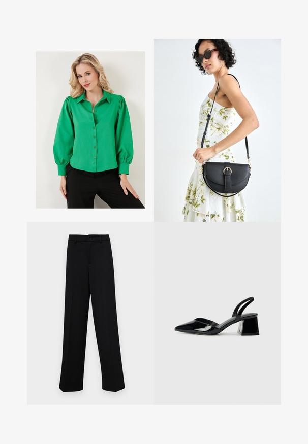 Zaļš pogājams krekls ar puffed piedurknēm, izgatavots no gludas auduma. Iespējams, ar apkakli un oderētām pogām priekšpusē. Valkāts ar melniem apakšiem.; Melnas platajās bikses, kas izgatavotas no gludas auduma, ar klasisku jostu un pogu aizdari, kā arī priekšējām kroku detalizācijām.; Melna lakota āda ar atvērto papēdi, ar smailu purngalu un ģeometrisku blokpapēdi. Iezīmējas elegants, minimāls dizains un gluda tekstūra.; Melnas ādas rokassoma ar izliekta formu, noņemamu siksnu un zelta aksesuāriem. Somai ir vāciņš ar sprādzes detaļu.