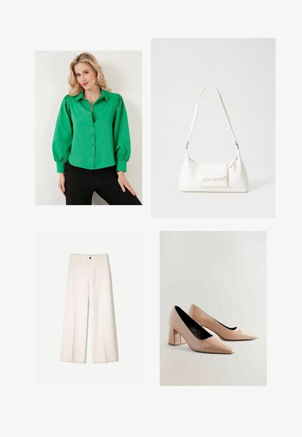 Zöld gombos ing, puffos ujjakkal, sima anyagból készült. Galléros és elől gombos kivitel. Fekete alsóval viselve.; Tejbézs széles lábú nadrág, szabott kialakítással, két elülső zsebbel és egyetlen elülső gombos záródással, sima anyagból készült.; Meztelen színű lakkbőr, blokkkonzolú magassarkú cipők hegyes orral és fényes felülettel. Simább textúrával és közepes magasságú, négyzet alakú sarokkal rendelkeznek.; Fehér szintetikus kézitáska, háromszög alakú, lapos előlap, masni részlettel, állítható pánttal, sima textúrával és minimalista dizájnnal.