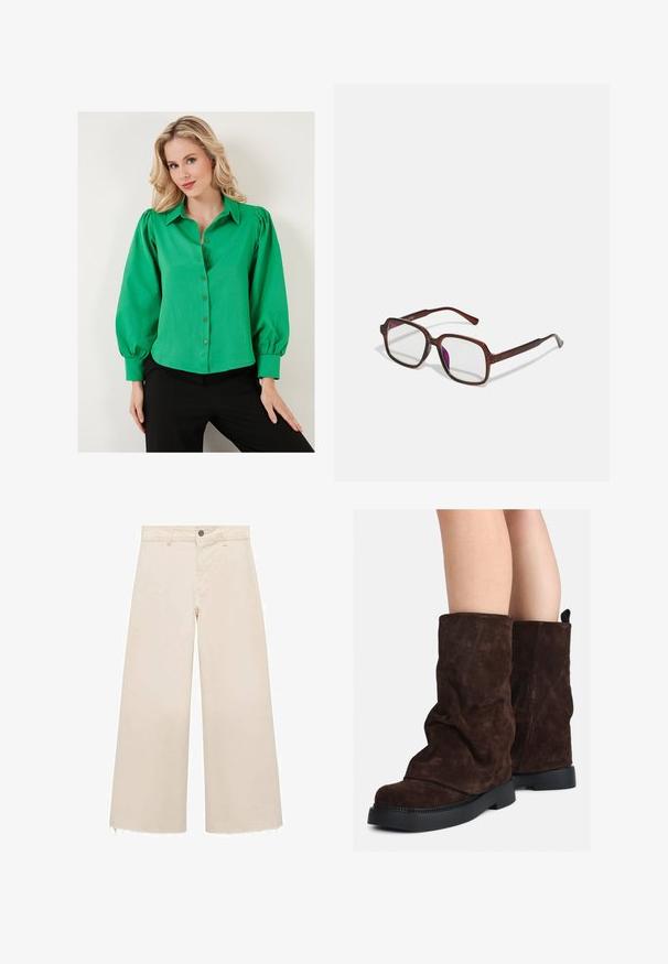 Zelená košeľa s gombíkmi a vypchatými rukávmi, vyrobená z hladkej látky. Obsahuje golier a podšité gombíky na prednej strane. Nosená s čiernymi nohavicami.; Široké nohavice z ľahkej béžovej bavlny, s gombíkovým zapínaním, jemne rozstrapkaným lemom a voľným strihom.; Hnedé semišové čižmy do polovice lýtok s čiernymi gumovými podrážkami nosené na holých nohách, s miernymi vráskami na šaftoch čižiem.; Hnedé, obdĺžnikové dioptrické okuliare s priehľadnými šošovkami a fialovými odtieňmi. Hladký plastový rám so zásadnými nožičkami a jemnými akcentmi.; Hnedá kožená taška s dvoma dlhými uchami, štruktúrovaný tvar, hladká textura a minimalistický dizajn. Bez viditeľného hardvéru alebo akcentov.