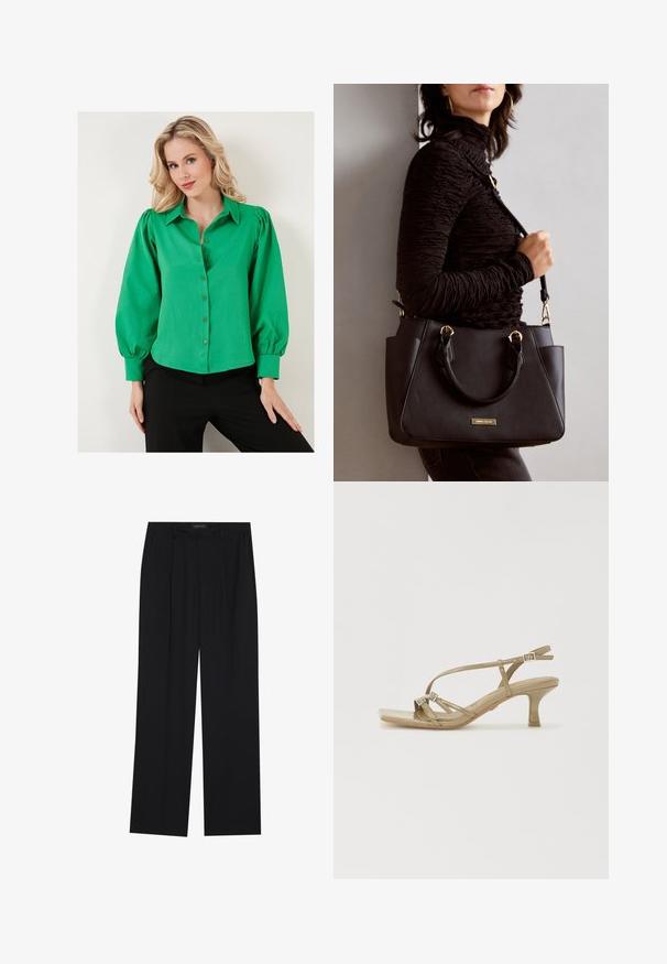 Roheline nööbiga särk puffi varrukatega, valmistatud sileda kangast. Omab kraed ja vooderdatud nuppe esiosas. Kanda mustade pükstega.; Mustad püksid sirgjoonelise disainiga, millel on kaks esist taskut ja muudatus. Valmistatud siledast, kergekaalulisest kangast.; Rihmade, heled pruunid kontsakingad ruudukujulise varbaga, metallilise viimistluse ja dekoratiivsete pandlitega. Madal, kitsenev konts.; Musthave must kott, millel on tekstuurne pind, kaks ülemist käepidet ja reguleeritav õlarihm. Omab kuldse tooni riistu ja külgtaskuid.